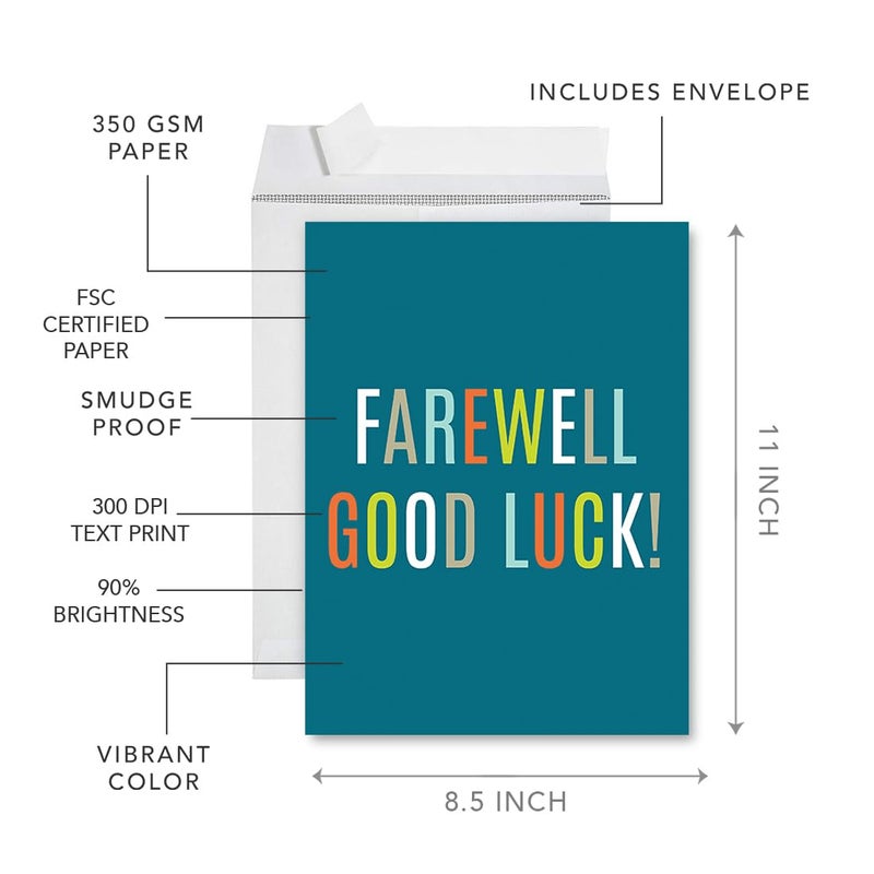 Andaz Press Funny Jumbo Farewell Card With Envelope 8.5 x 11 inch, Big Office Card, Blue Farewell Good Luck! 1-Pack, Includes Envelope - Image 2